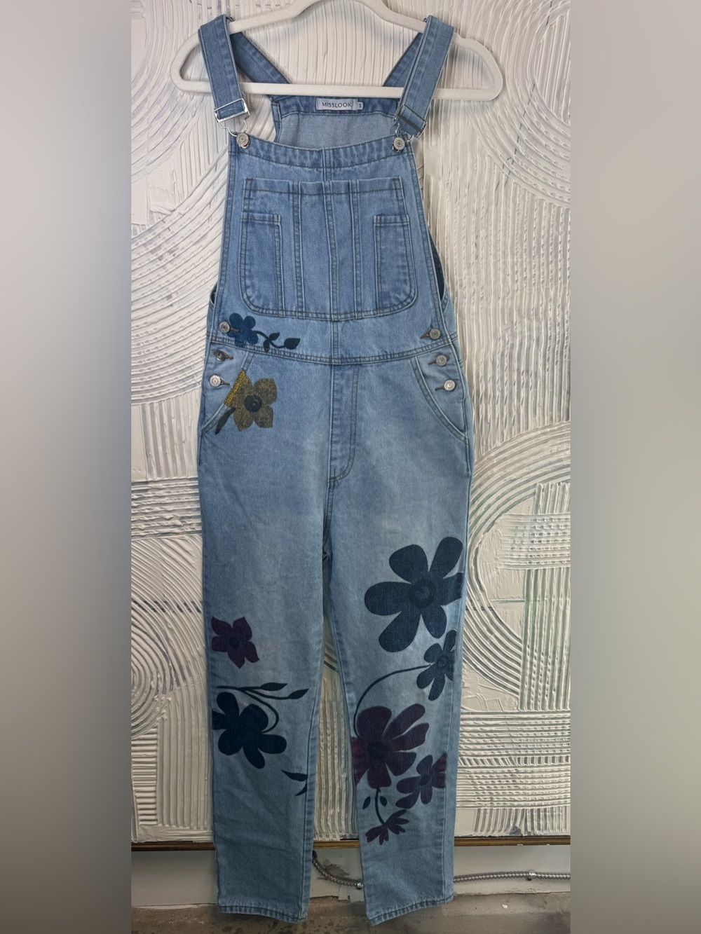 MISSLOOK Light Blue Denim Overalls with Floral Appliqué